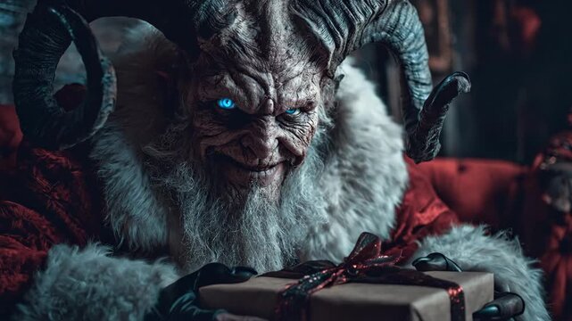 Krampus demon with glowing blue eyes in a furry red coat holding a Christmas gift. Mythical folklore creature for a dark holiday theme.