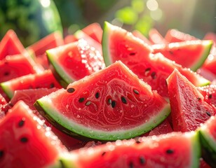 Sun-drenched, juicy red watermelon slices with black seeds, glistening and fresh