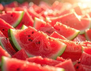 A pile of fresh, juicy watermelon slices glistening in the warm summer sun