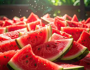 Abundant, juicy watermelon wedges glistening under a sunny, refreshing mist