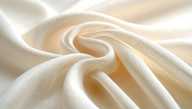 A close-up of soft, cream-colored fabric draped in elegant, flowing swirls