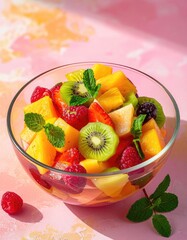 Colorful fruit salad with kiwi, mango, and berries in a glass bowl on pink