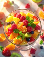 A vibrant fruit salad with berries, oranges, and kiwi in a sunlit glass bowl
