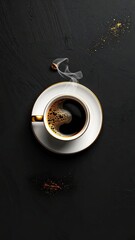 Steaming black coffee in a white and gold cup on a dark, textured background