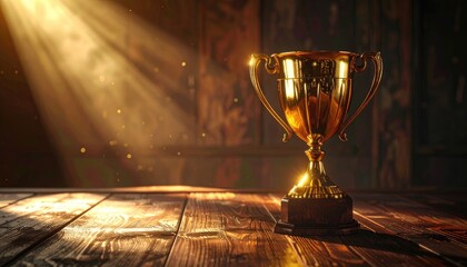 Golden trophy on a wooden table, illuminated by a dramatic ray of light