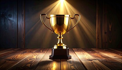 A golden trophy cup sits on a wooden stage, illuminated by a bright spotlight