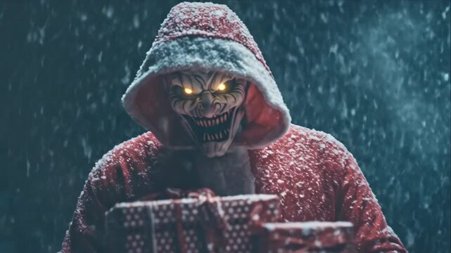 Scary Santa Claus monster wearing a red suit with glowing eyes holding gifts outside in a snowy night for horror Christmas.