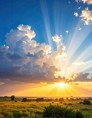 Dramatic sunbeams burst through clouds over a golden field at sunset