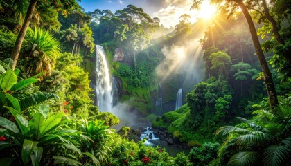 Sunbeams shine over a majestic waterfall in a lush, green tropical jungle