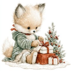 Cute fox preparing gifts near a small decorated Christmas tree with snowy surroundings
