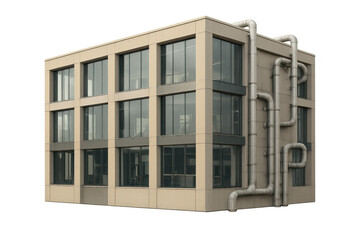 Fototapeta premium Modern office building featuring large windows and exterior pipes, representing corporate business and industrial architecture isolated on transparent background