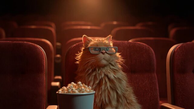 Cozy scene of fluffy ginger cat relaxing with popcorn in quiet theater
