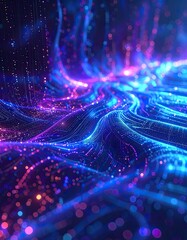 Vibrant waves of glowing digital particles on a flowing abstract landscape