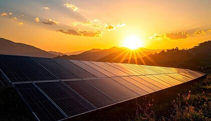 Solar panels on a hillside reflecting a brilliant golden sunset over mountains
