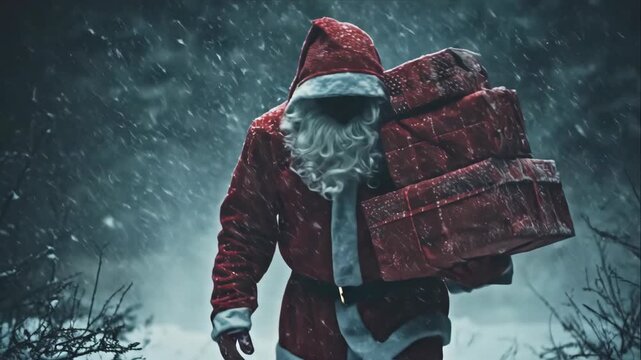 Caucasian man in santa costume carries a stack of festive gifts through a snowy night landscape for Christmas holiday giving