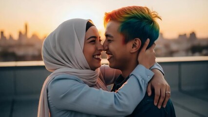 Embrace at sunset: woman in hijab and person with rainbow hair express love and unity against cityscape, with copy space