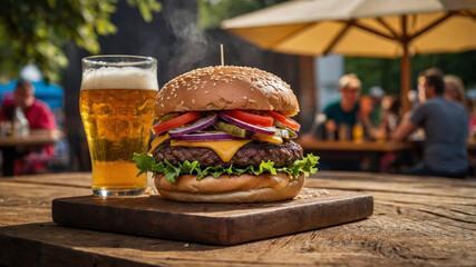 Delicious cheeseburger with beer on a wooden table at an outdoor restaurant