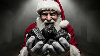 Santa Claus holding coal looking happy then menacing showing a naughty list concept for Christmas punishment