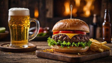 Delicious burger with fries and a cold beer on a wooden table