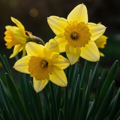 Brilliant yellow daffodil blossoms burst open under the warm glow of morning sun, symbolizing seasonal change and the arrival of fresh growth, color, floral, beautiful