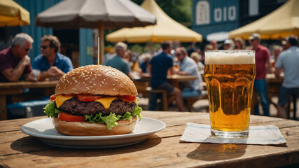 Delicious cheeseburger and beer on a wooden table at an outdoor restaurant