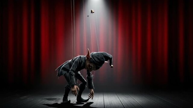Goblin marionette puppet with sinister grin performs under spotlight on stage, concept of control, manipulation, and dark magic.