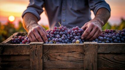 Farmer harvesting ripe grapes from a wooden crate at sunset