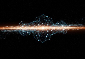 Massive scale abstract visualization of exponential growth, featuring interconnected geometric structures and flowing light trails in deep dark space, numerical, analysis, exponential