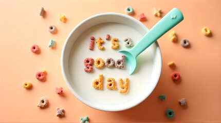 Bowl of milk and cereal arranged to form letters spelling It's a good day on soft peach background