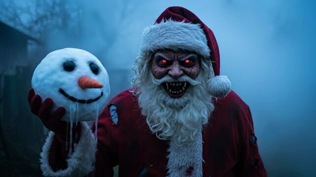 Creepy monster man in Santa Claus costume holding melting snowman head with glowing eyes for horror Christmas video