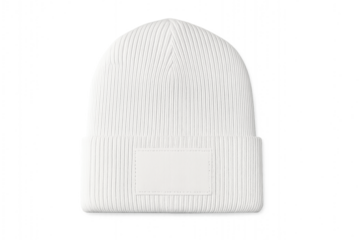 White ribbed knit beanie hat with a blank patch for a logo mockup. Isolated on transparent background, png