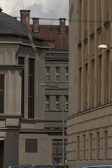 historic rooftop detail featuring lamp, weathered tiles, chimney silhouette, utility wires and moss accents,