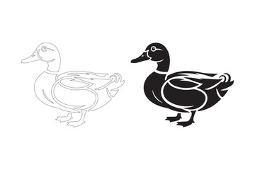 Silhouette and outline of a duck side by side