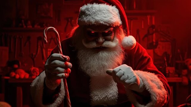 Scary evil santa claus with glowing red eyes holding candy cane changing from menacing to normal expression in festive scene, christmas horror.