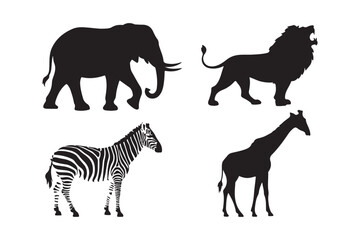 Silhouettes of african safari animals elephant lion zebra giraffe
