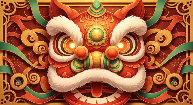 Vibrant Chinese New Year Lion Dance Head Illustration with Traditional Cultural Motifs and Festive Colors.