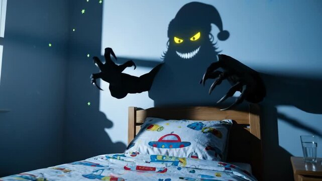 Shadow demon with glowing eyes appearing in child bedroom at night, animated monster on wall above bed, spooky Halloween concept.
