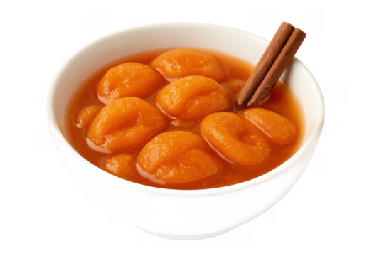 Apricot compote with cinnamon sticks in a white bowl, healthy homemade fruit dessert on transparent background