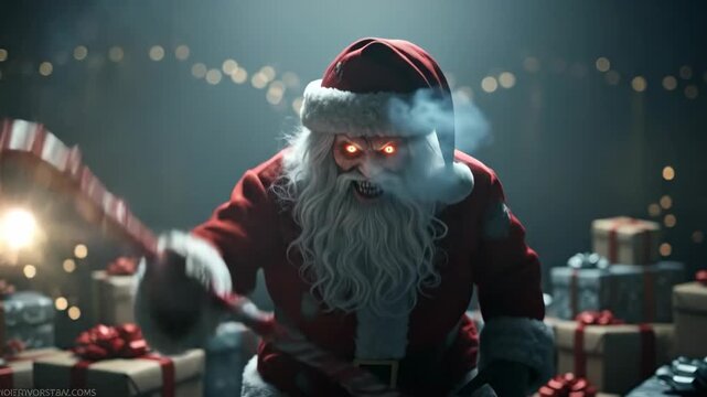 Demonic santa claus monster with glowing eyes holding staff lunges forward into christmas night with presents. Horror for holiday marketing.