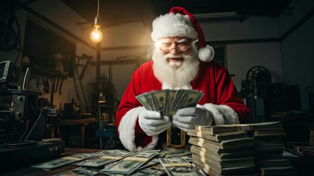 Santa Claus counting stacks of one hundred dollar bills in a workshop, wealth accumulation concept with holiday cheer for Christmas.