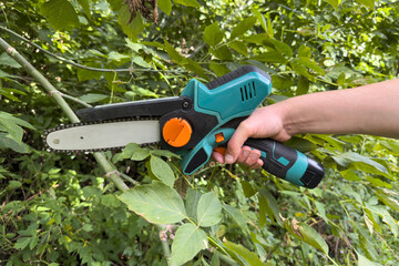 Electric pruning saw held by a hand, cutting through green branches in a lush garden, showcasing gardening tools and outdoor maintenance techniques for effective landscaping