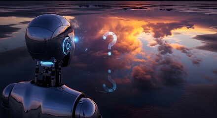 A futuristic robot gazing at a vibrant sunset sky with clouds and a mysterious glowing question mark, symbolizing curiosity and technological advancement