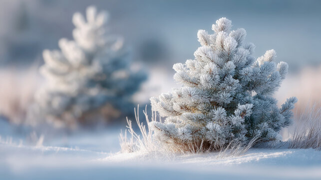 Frosted Pine Tree with Ice Crystals on Needles Winter Nature Scene Blurred Background - Powered by Adobe