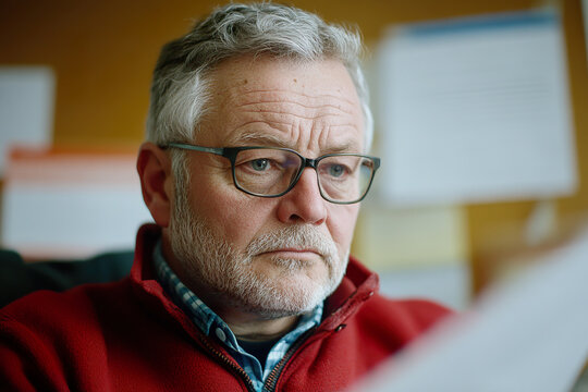 Senior Man with Gray Hair Reading Documents Indoors - Powered by Adobe