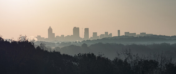 View of the Atlanta skyline showing several prominent buildings, hotels, office towers in the...
