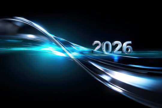 Chrome Silver Number 2026 with Dynamic Cyan Blue Light Waves on Dark Gradient Background