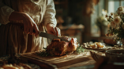 Woman carving roasted turkey in warm rustic kitchen