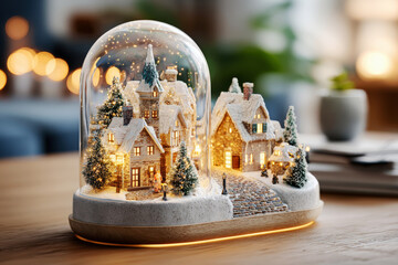 Illuminated Miniature Winter Village Under Glass Dome with LED Base and Bokeh Lights