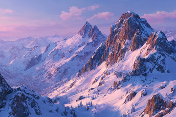 Jagged Snow Covered Mountain Peaks with Pink Sunset Light and Scattered Pine Trees on Slopes