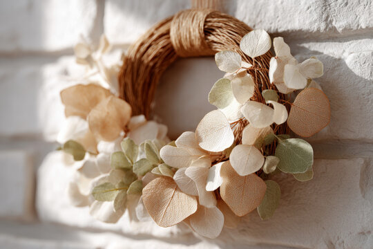 Natural Wreath Decorated with Dried Eucalyptus Skeleton Leaves Soft Neutral Tones Wall Hanging